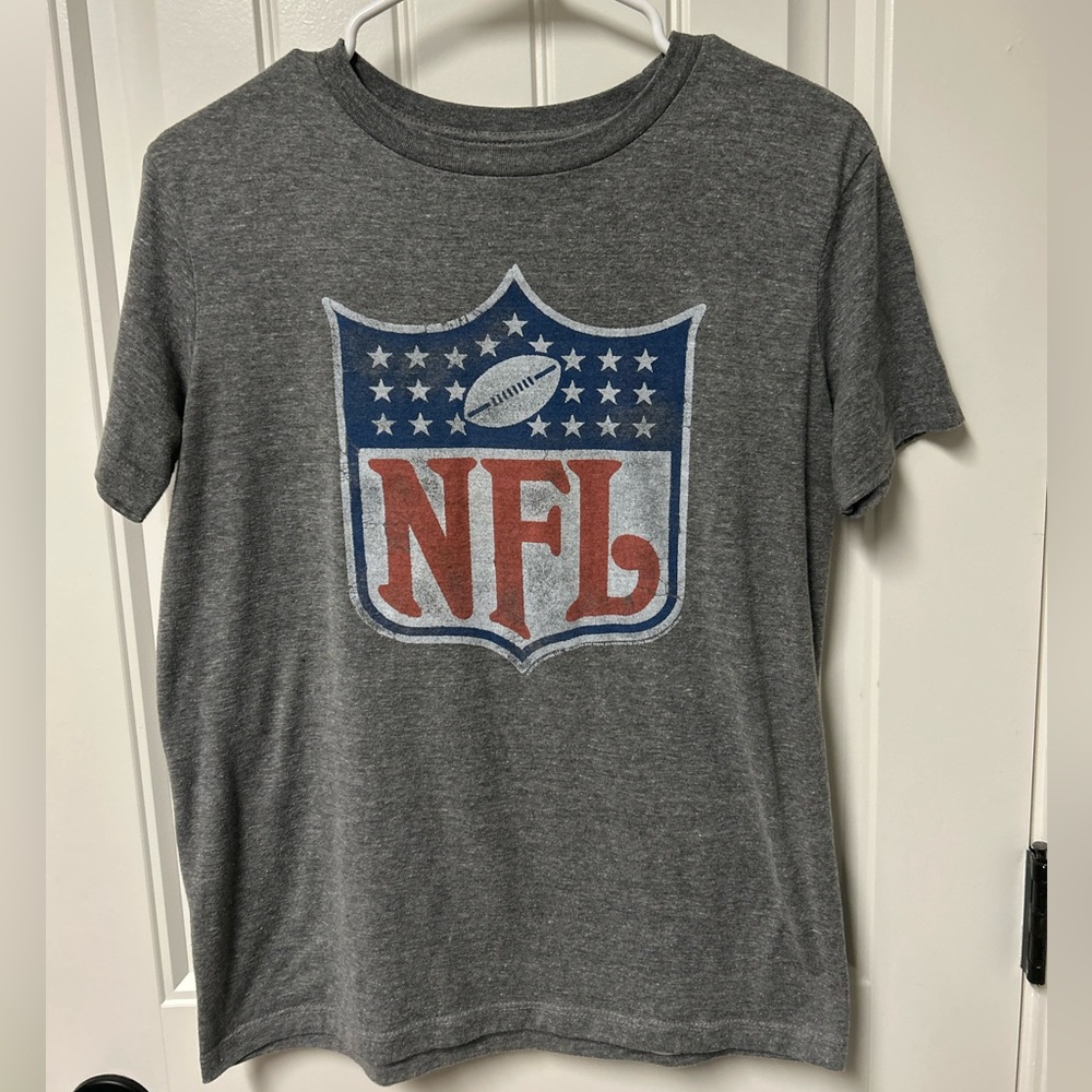 NFL distressed Gray T-Shirt with Vintage Red & Blue Shield Logo